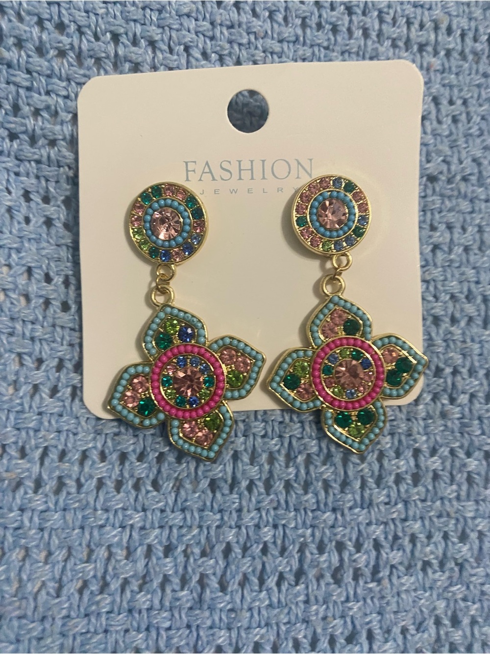 Gold-Tone Multicolor Floral Drop Earrings with Pink & Turquoise Accents